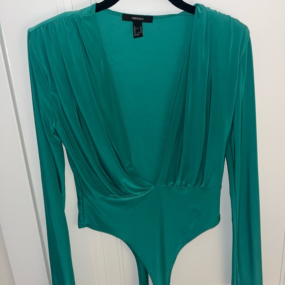 Forever 21 Deep V Green Bodysuit with shoulder pads